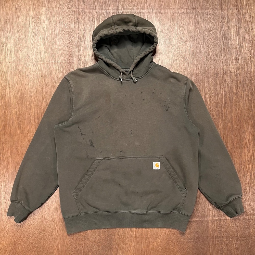 Carhartt Heavy Weight Distressed Olive Hoodie Large Cozy Workwear